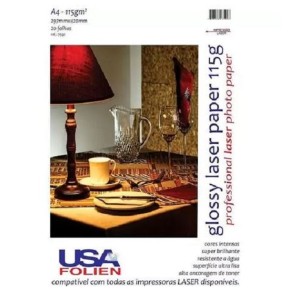 PAPEL FOTOGRÁFICO GLOSSY PAPER LASER A4 115G/M² COM 20 FOLHAS USAFOLIEN